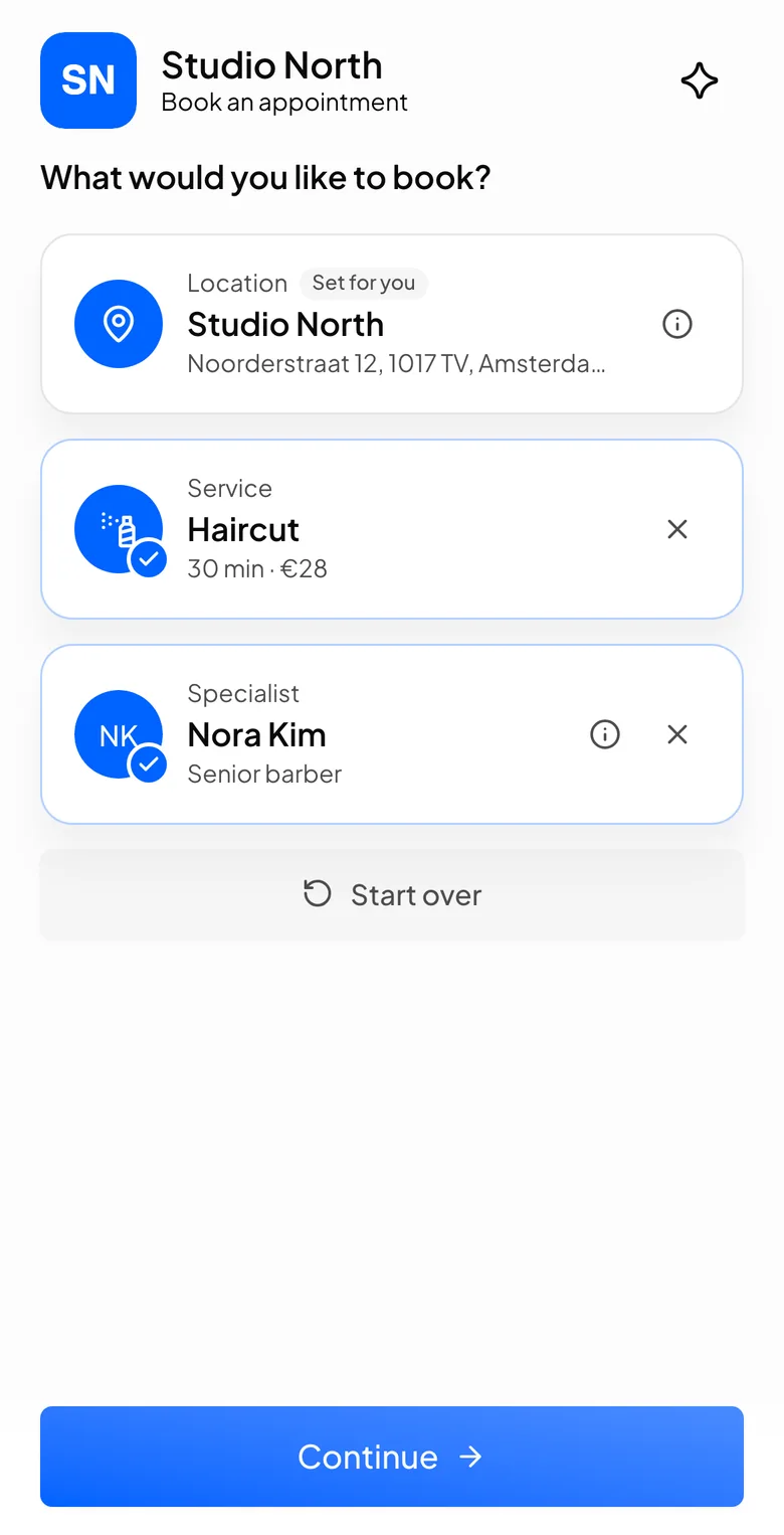 Studio North's booking page with a haircut and Nora Kim chosen
