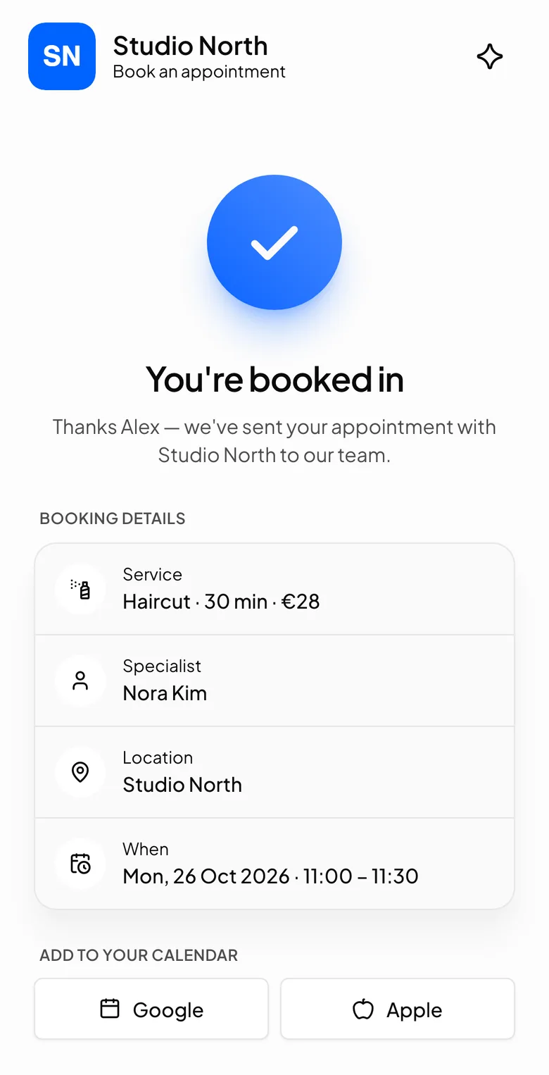 The confirmation screen: You're booked in, with Add to your calendar