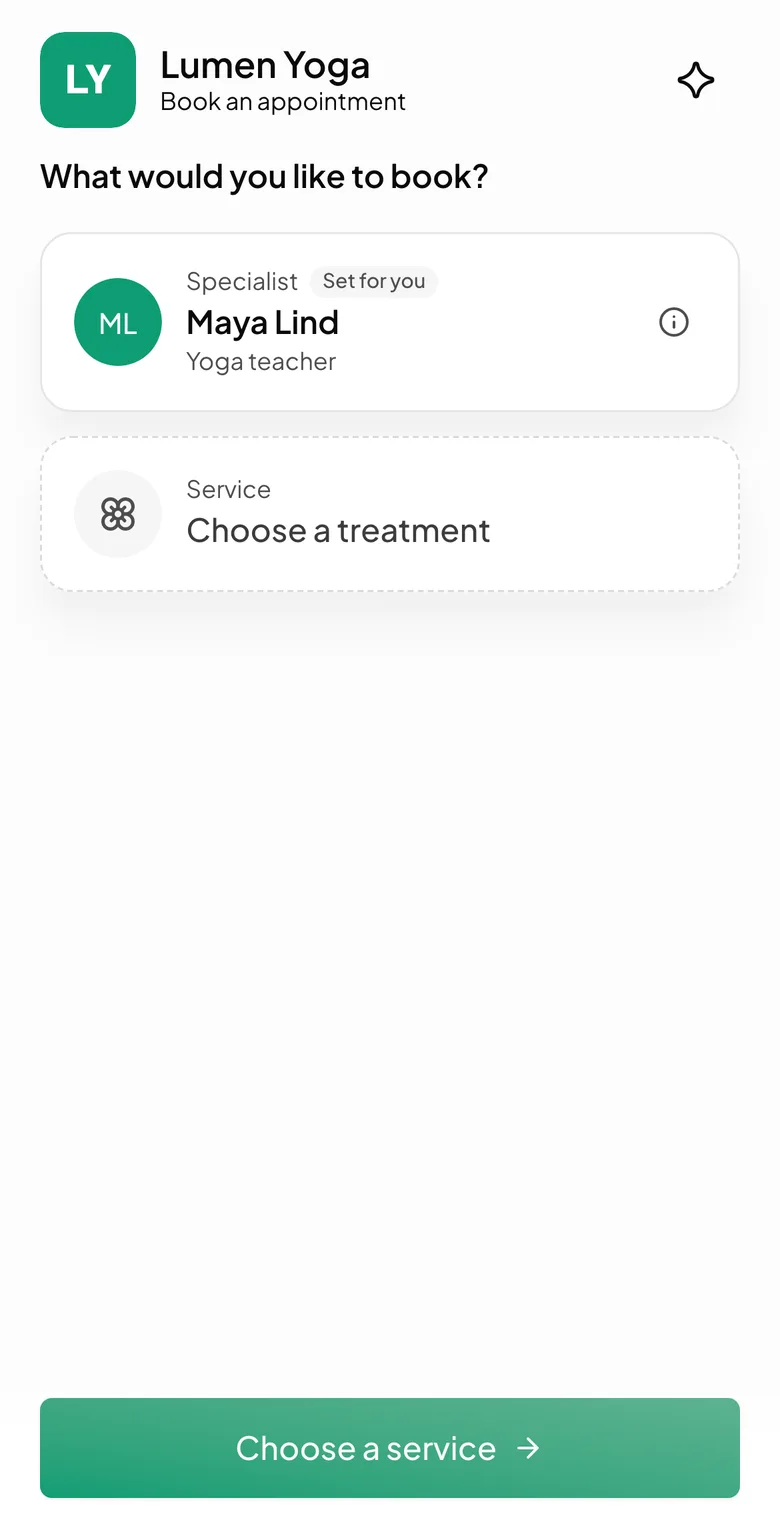 Booking page of Lumen Yoga, a yoga studio, in green