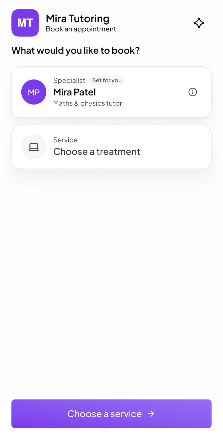 Booking page of Mira Tutoring, an online tutor, in purple