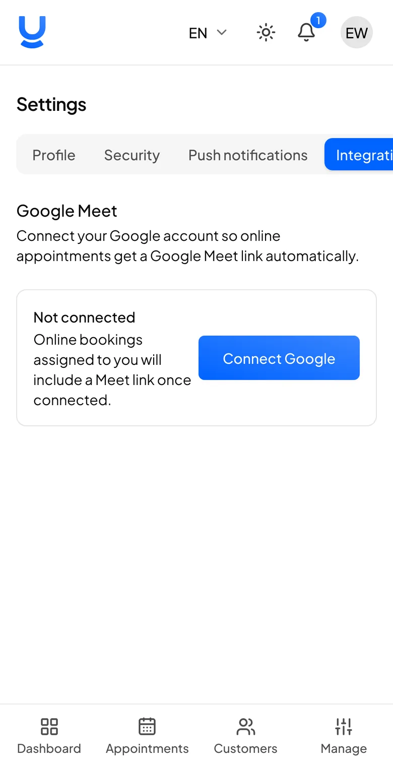 The Google Meet integration screen: connect your Google account so online appointments get a Meet link
