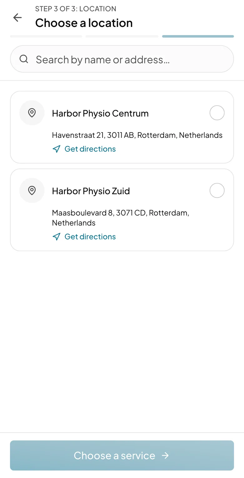 Choosing between two clinic branches, each with an address and directions