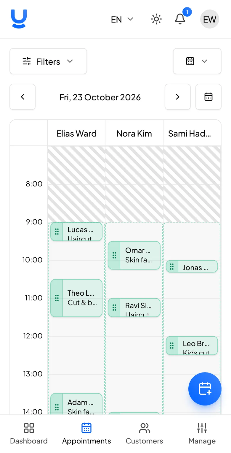 Studio North's team calendar: a day view with three barbers' bookings side by side