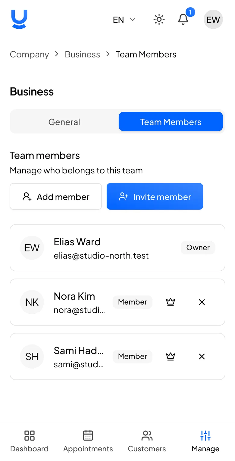 The team members screen with an owner and two members