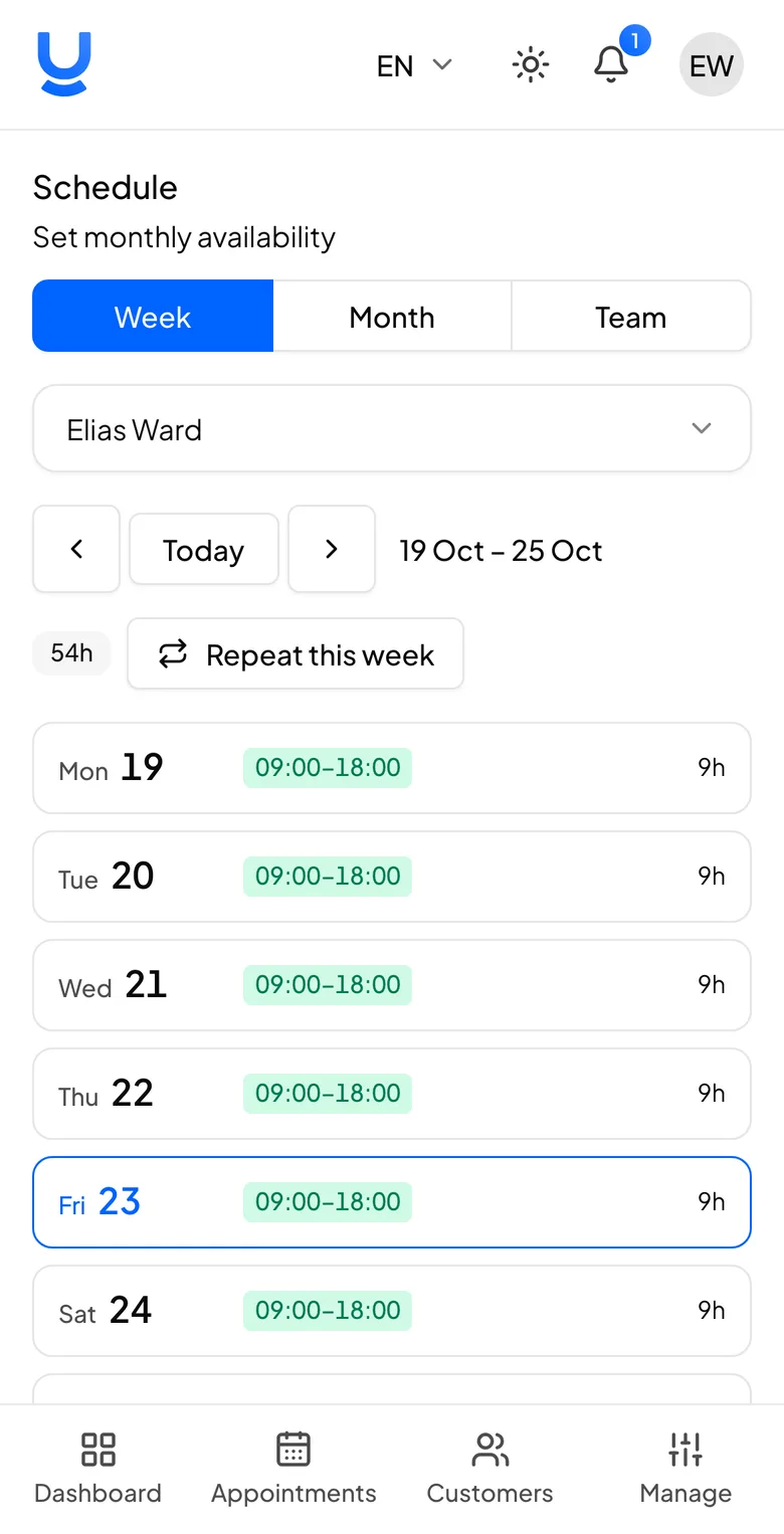 The schedule screen with a week of working hours